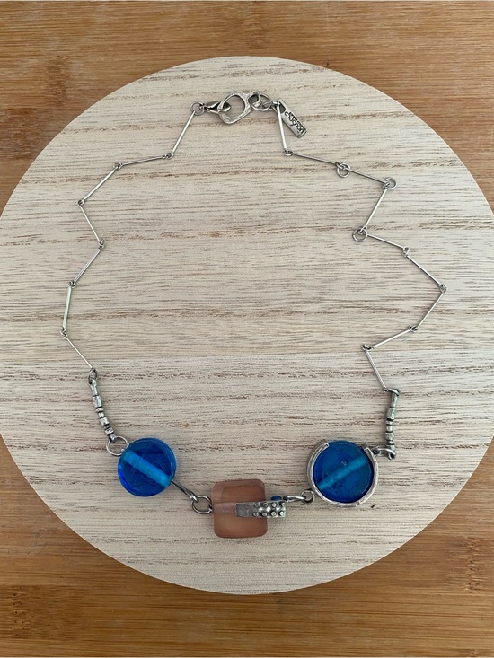 Anne-Marie Chagnon Jewelry - Anne-Marie Chagnon Artisan Glass & Pewter Statement Necklace - Blue/Mauve